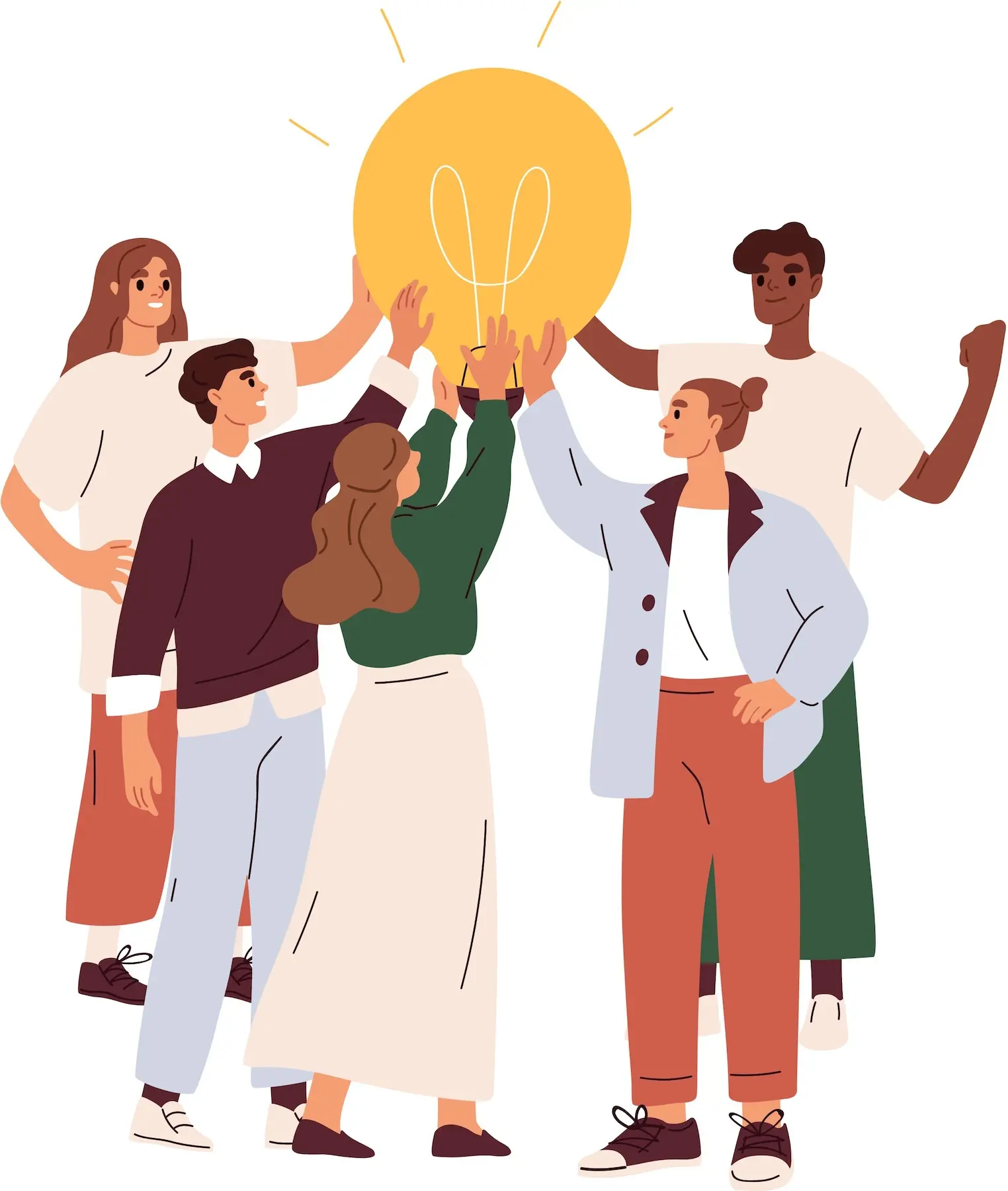 An illustration depicting a group of people holding a big lightbulb together