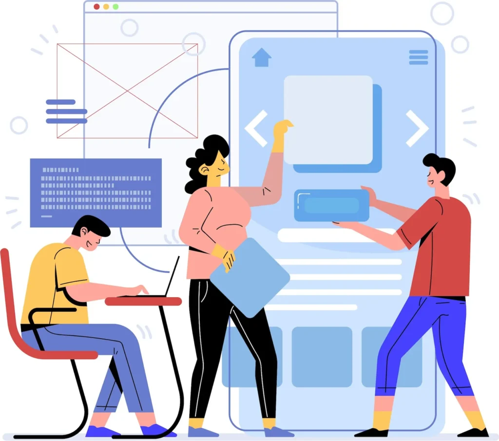 An illustration depicting three people working in tech