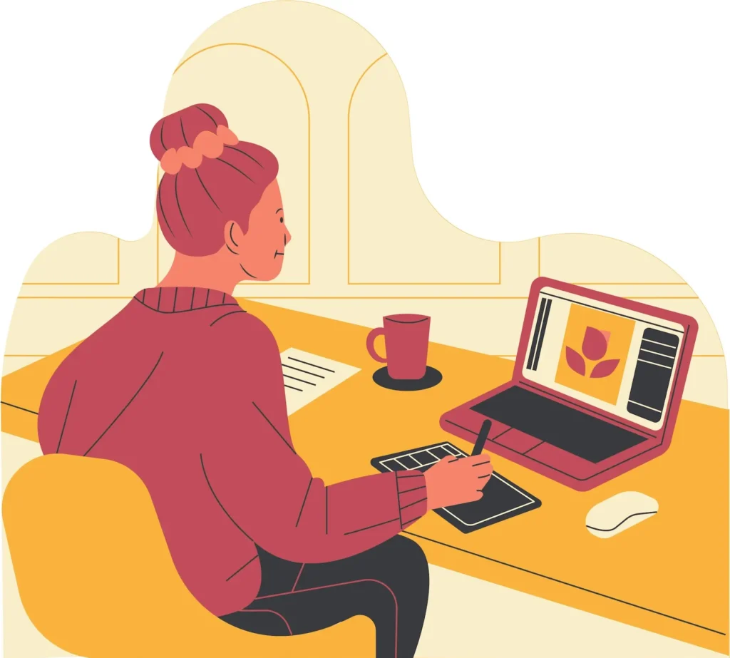 An illustration depicting a lady sitting on a chair in front of her computer