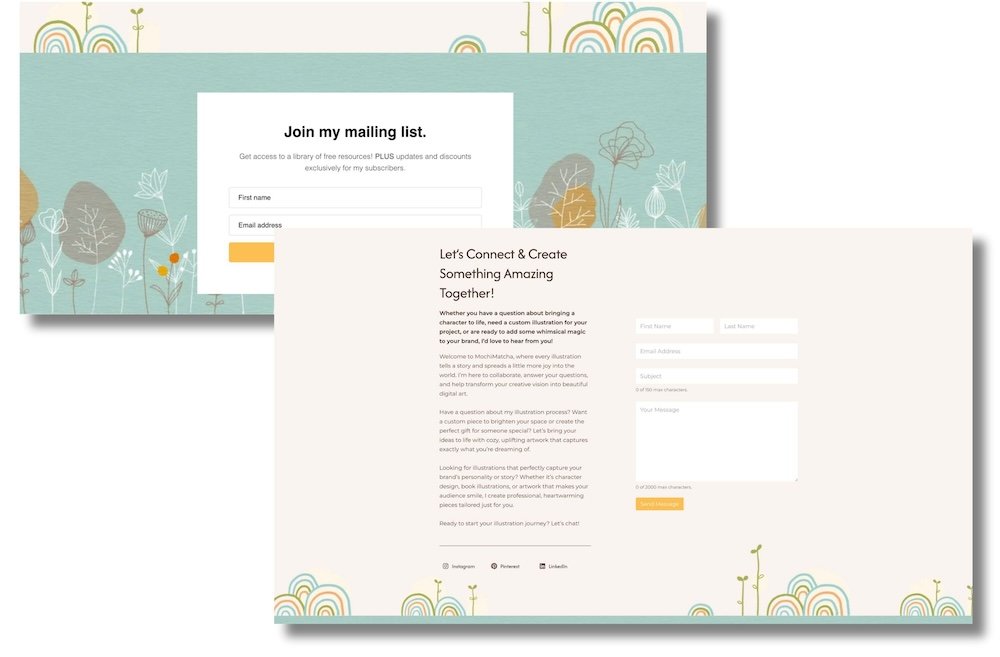 A screenshot of MochiMatcha custom digital illustration newsletter and contact forms